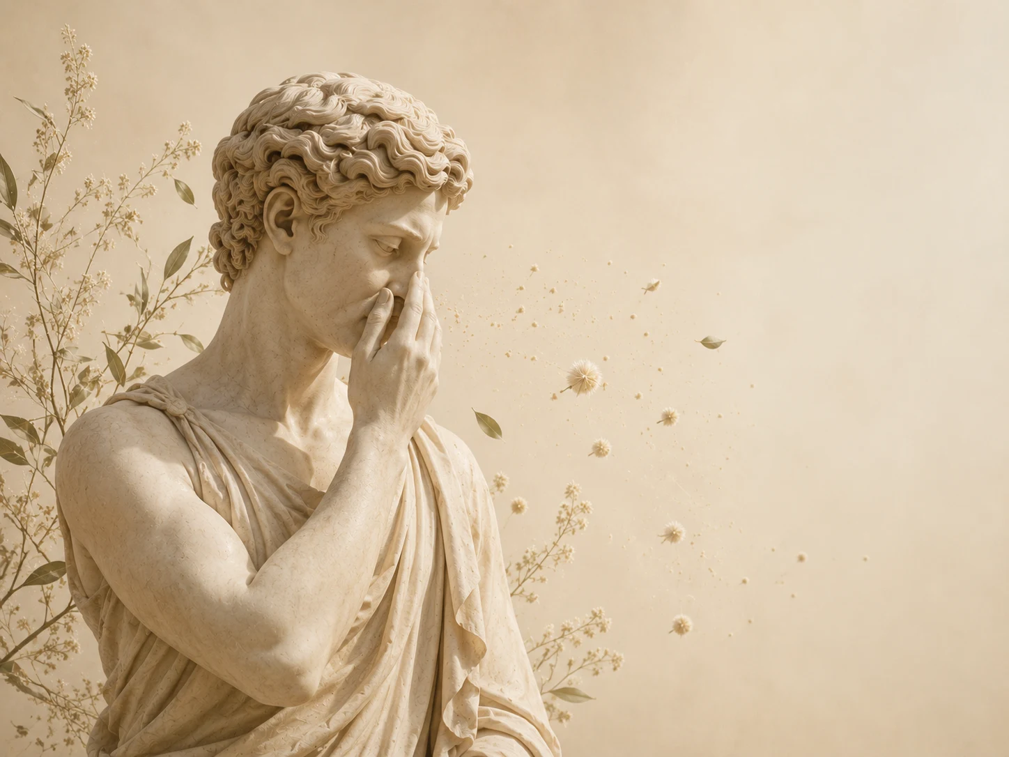 Alergie a intolerancie symbolizované antickou sochou s rukou pri nose