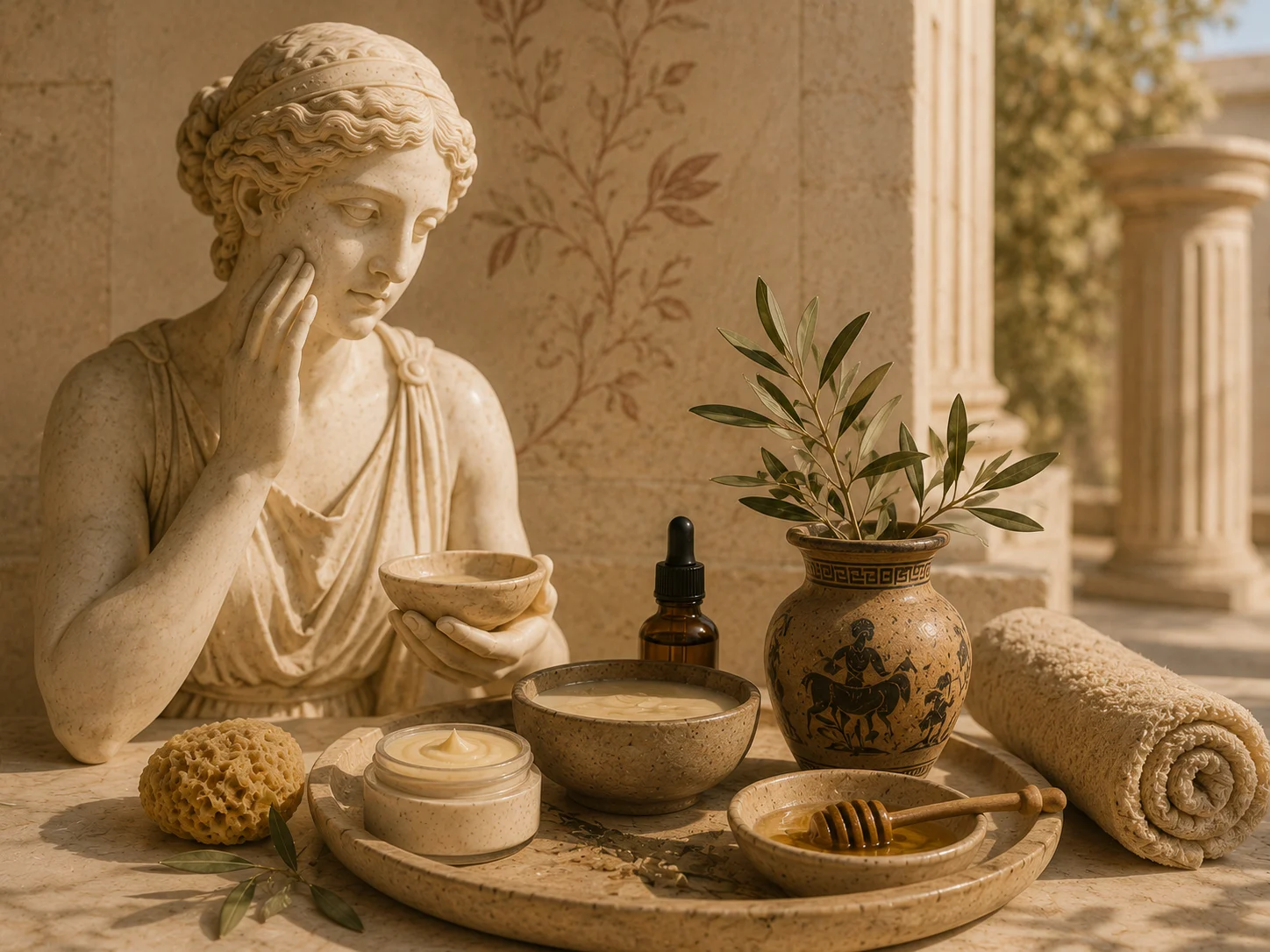 Antická ženská socha s miskou, pleťovým krémom, olejom, medom, špongiou a olivovou vetvičkou