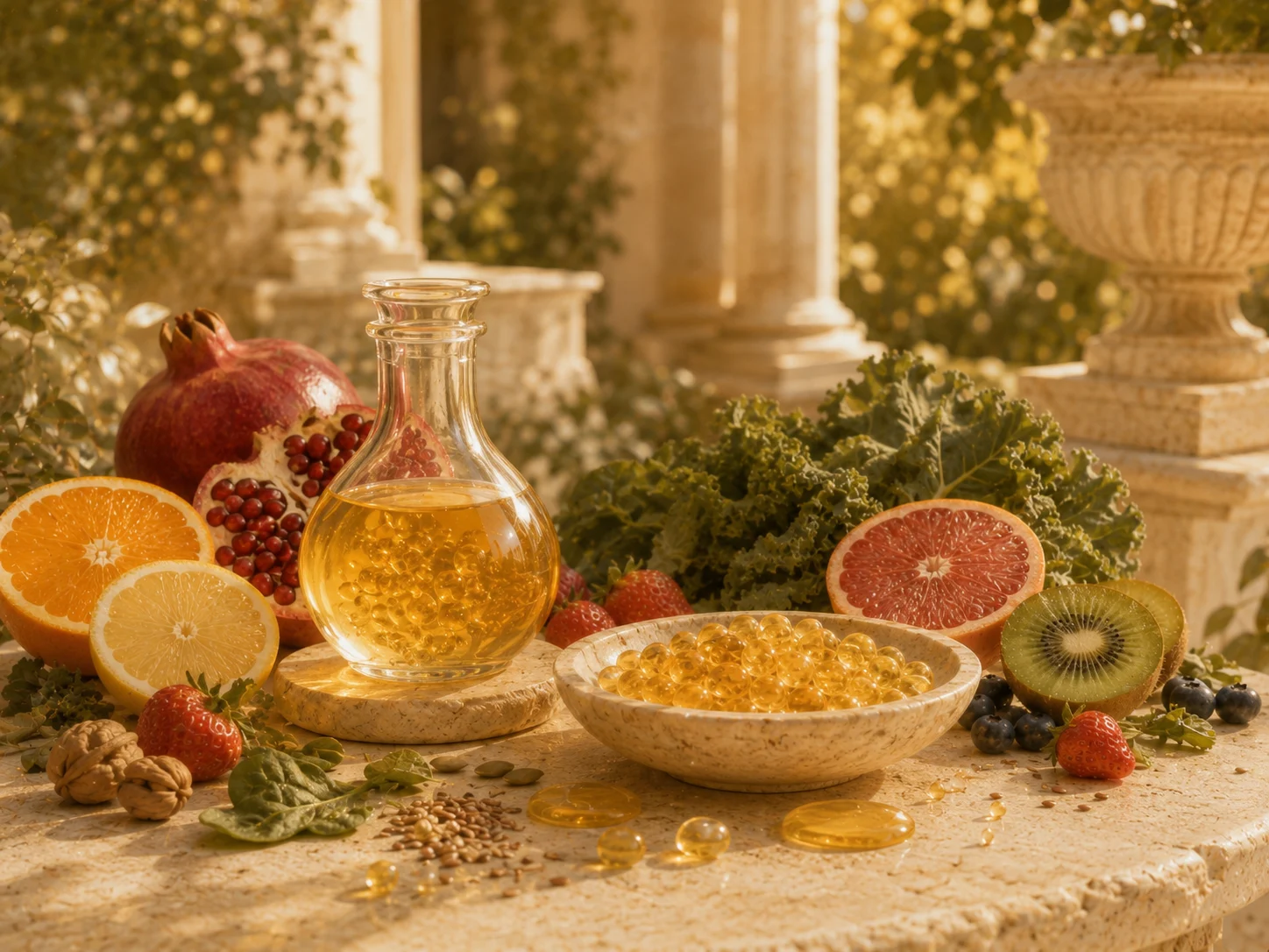Lipozomálne vitamíny s ovocím, semienkami a zlatistými kapsulami