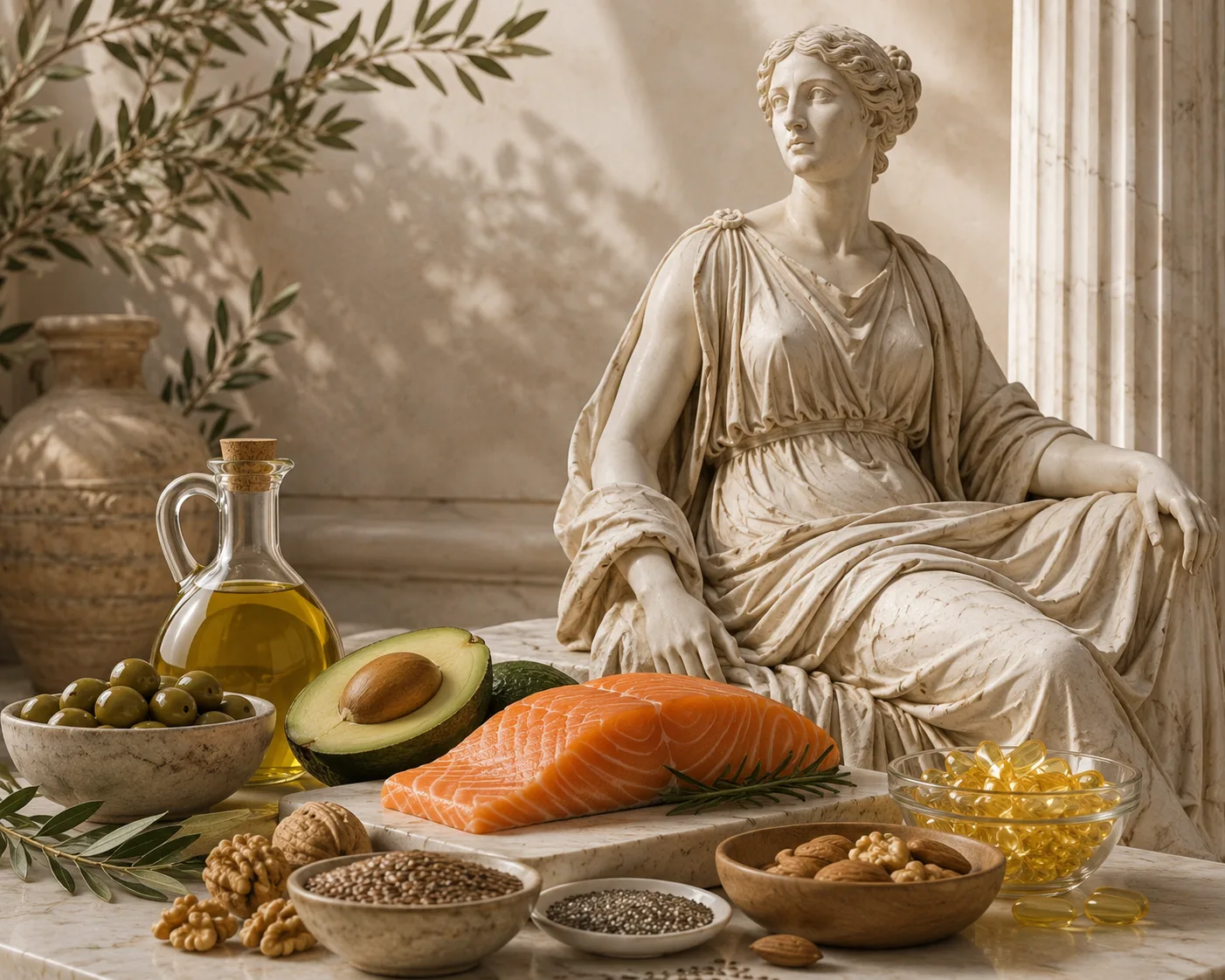 Antická žena pri losose, avokáde, olivovom oleji, orechoch a omega-3 kapsulách