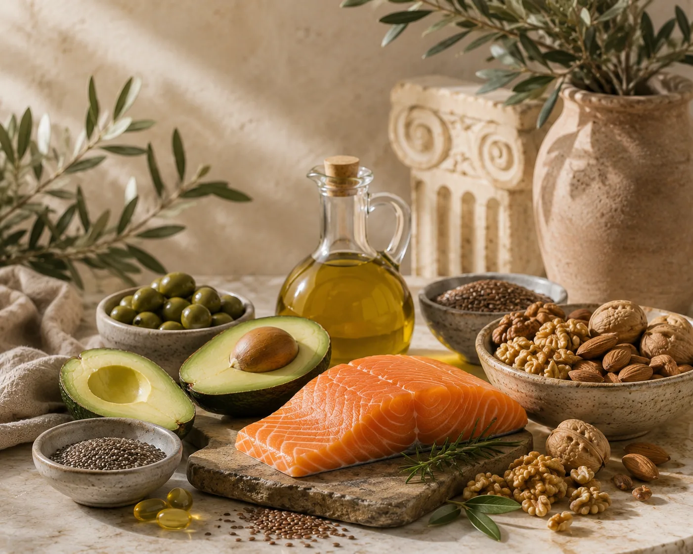 Losos, avokádo, olivový olej, orechy, semienka a omega-3 kapsuly
