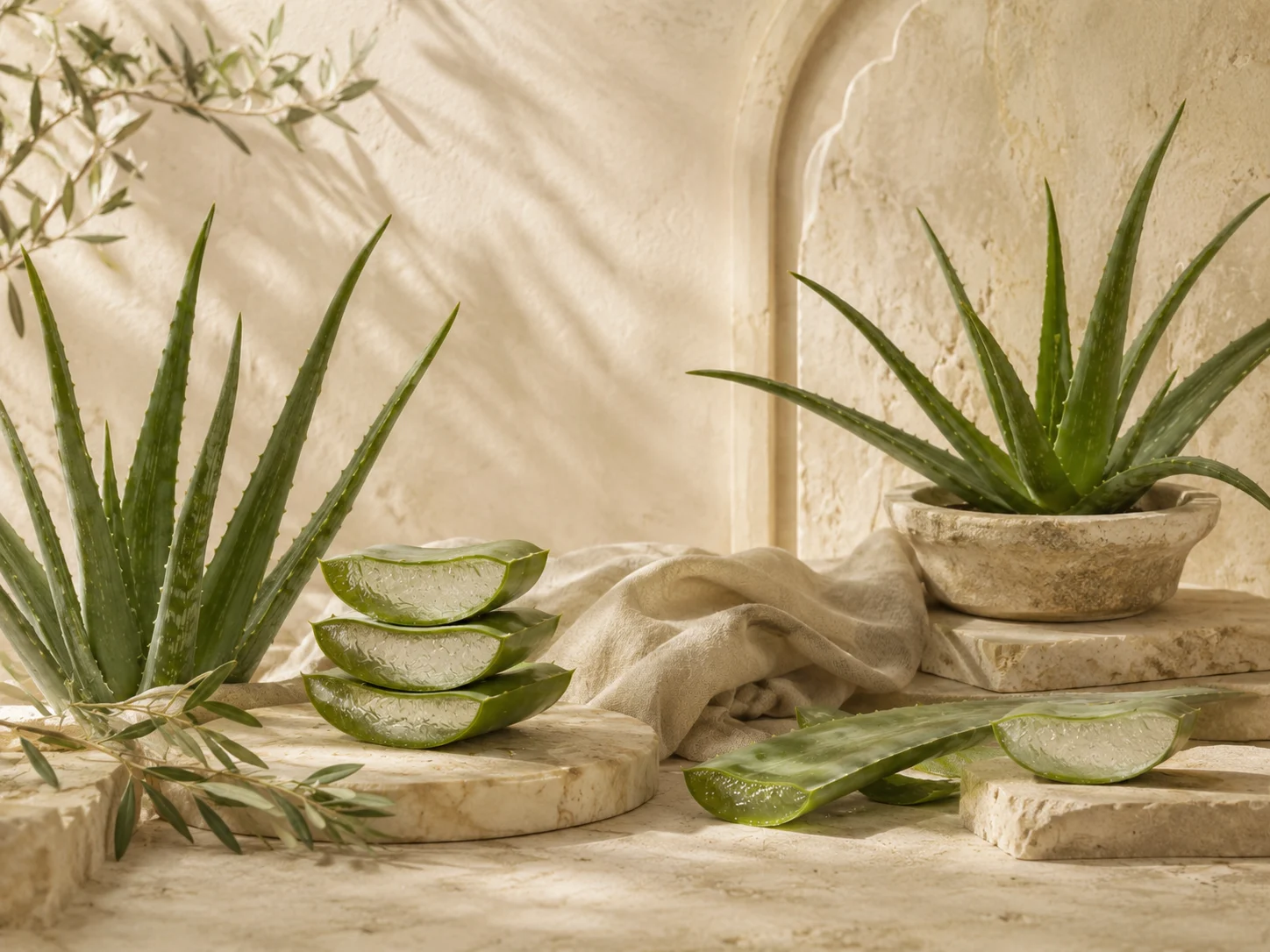 Aloe vera listy a narezaný gél v prírodnej kompozícii