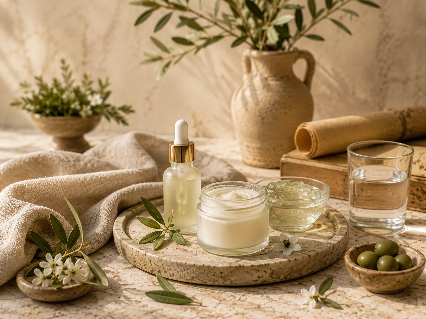 Pleťový krém, sérum, aloe vera, voda, olivy, kvety a prírodná kozmetika